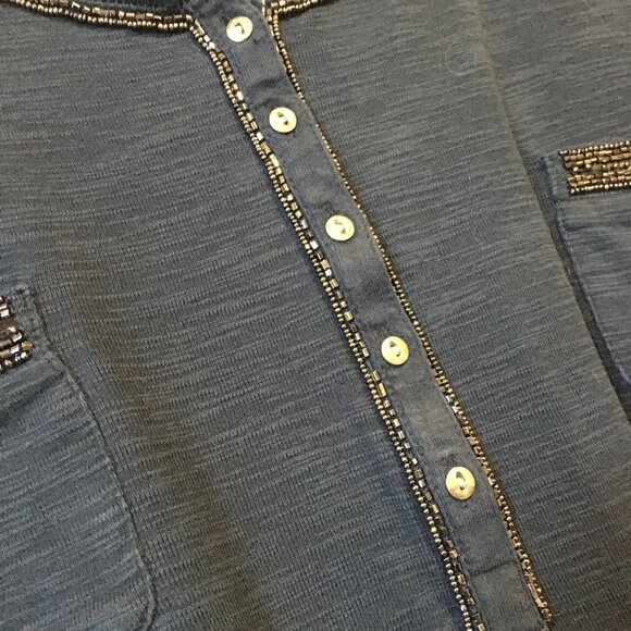 Navy Blue Beads and Sequins Button Collar Shirt - Picture 5 of 13